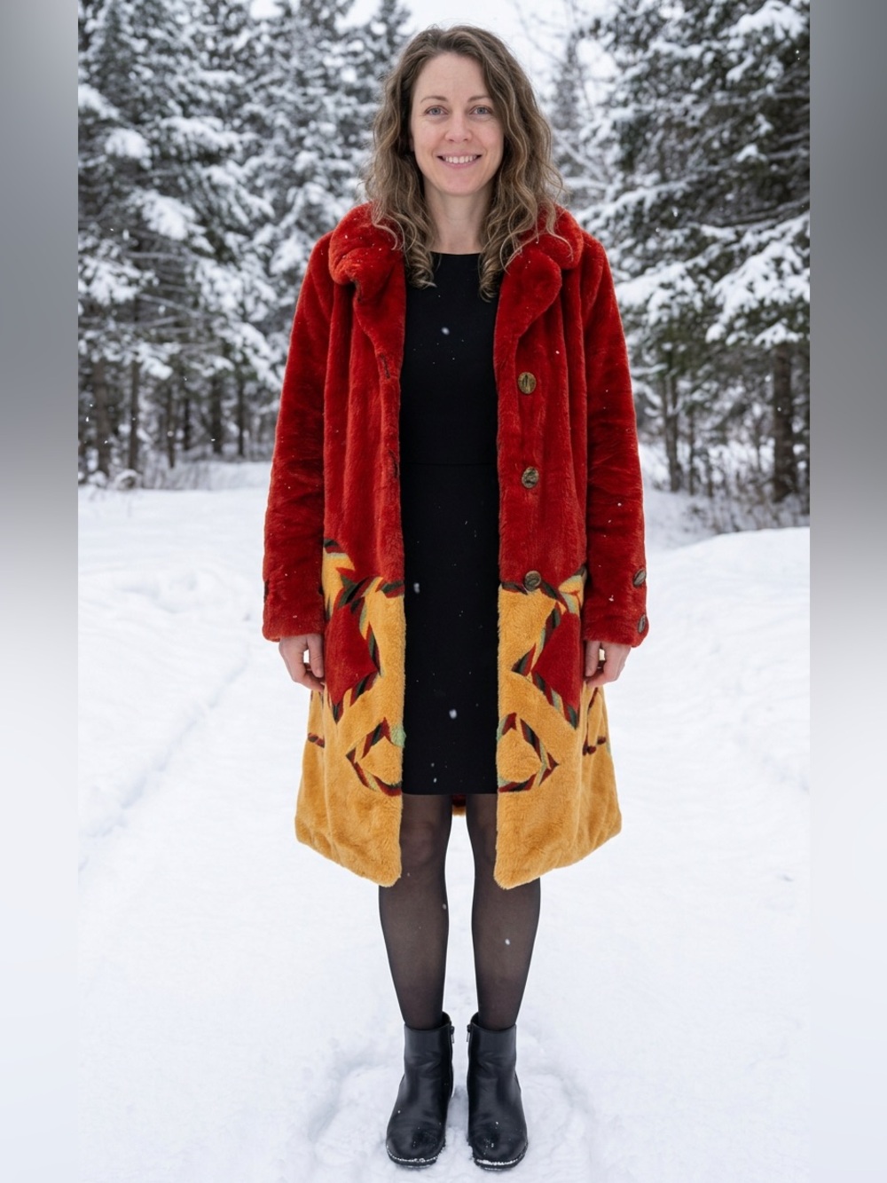 Vibrant Red and Yellow Genuine Beaver Fur Long Coat “One of a Kind!”
